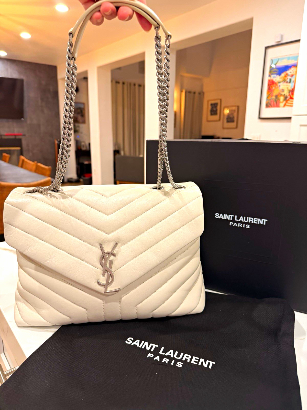 Saint Laurent Loulou Ivory Quilted Chevron Shoulder Bag Silver Chain FULL SET