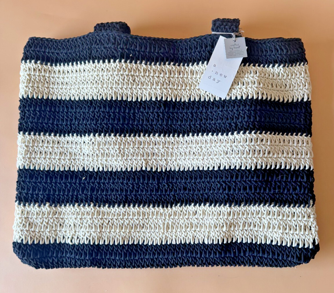 A New Day Black White Handcrafted Woven Tote Bag Crochet Stripe NWT Beach Market