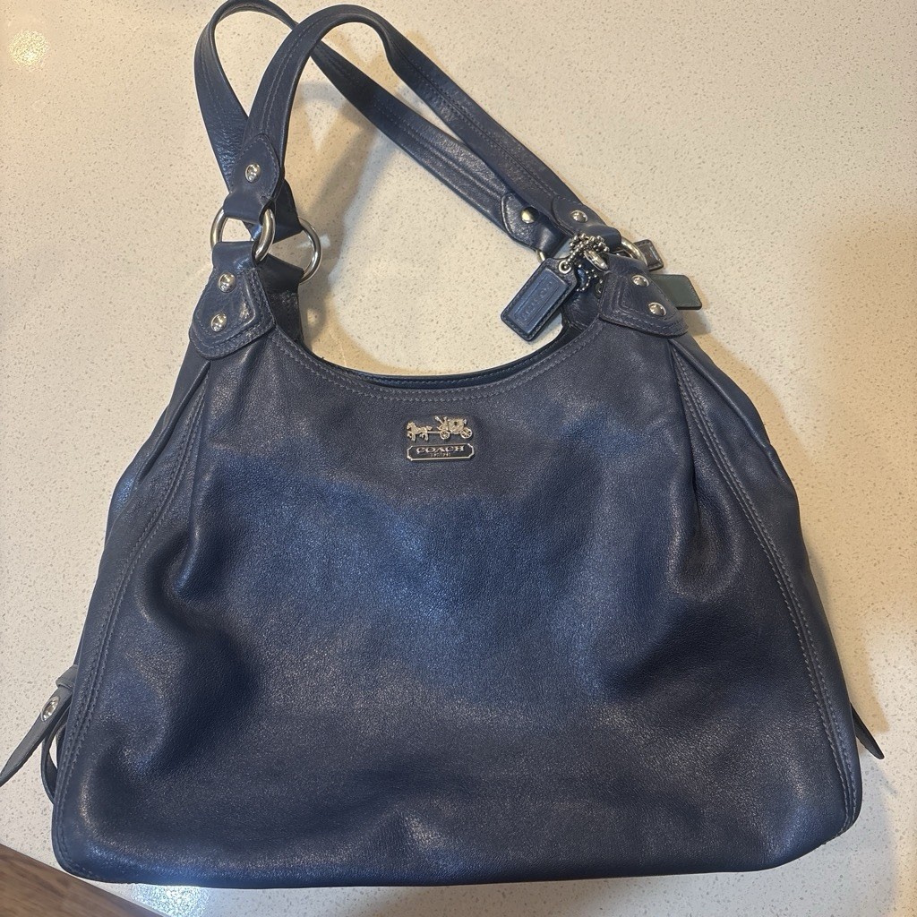 Coach Madison Maggie Metallic Navy Leather Bag