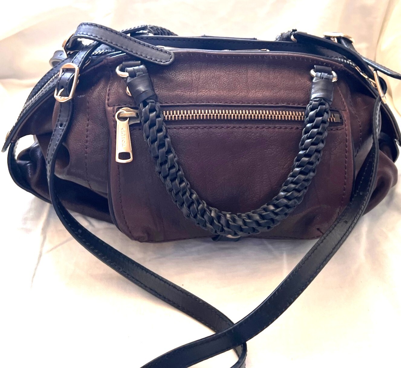 Gryson Skye Brown Soft Supple Leather w Black Leather Trim Shoulder Bag Handbag