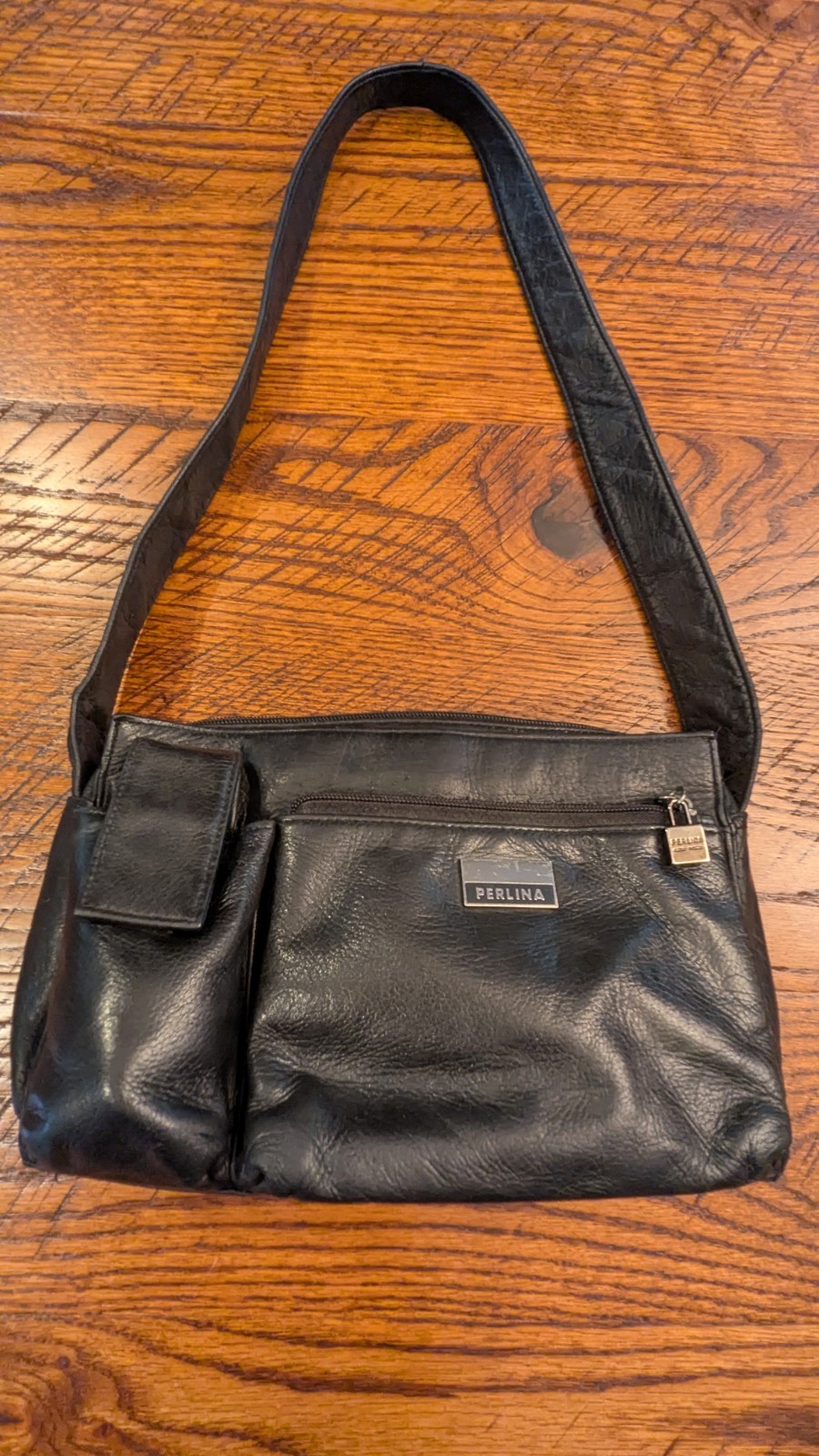 Vintage Perlina Soft Black Leather Shoulder Bag Single Strap Bottom Studs Euc!!