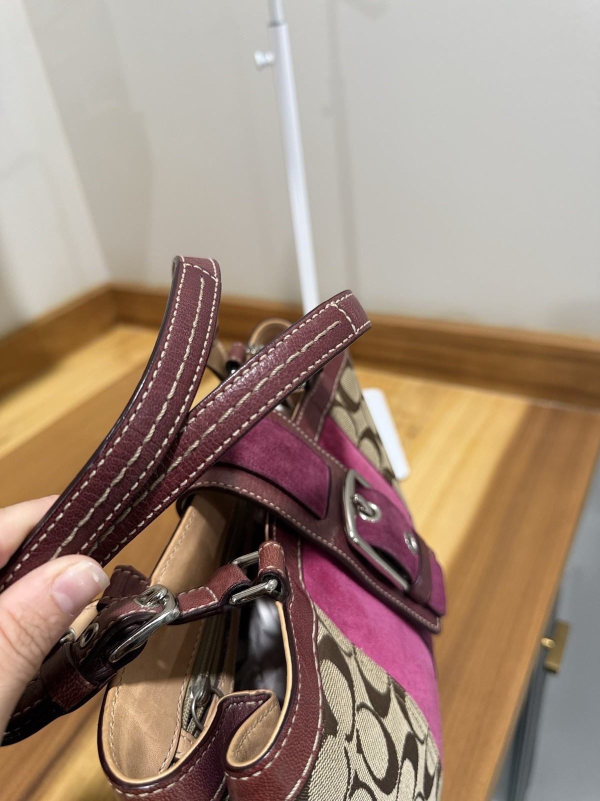 Coach Vintage Hampton Pink Suede Stripe Signature Bag