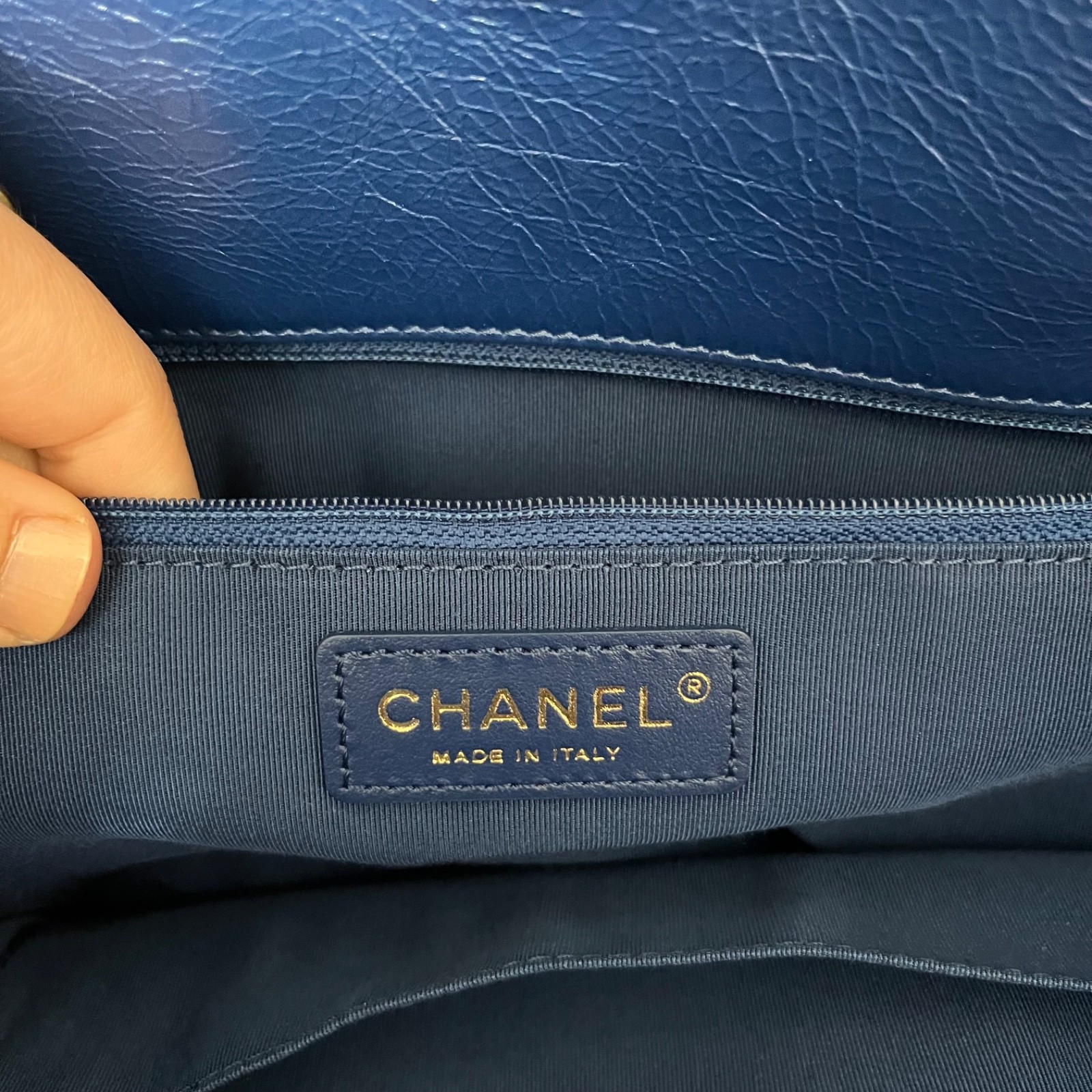 Chanel Front Zip CC Drawstring Chain Tote Quilted Blue Calfskin Leather
