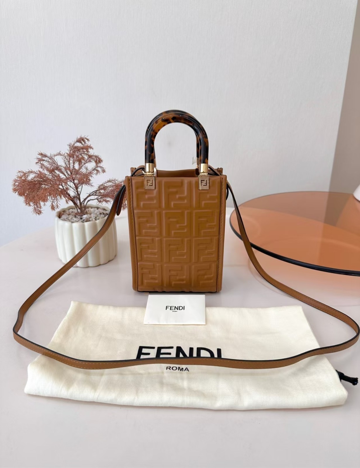 Fendi Mini Tote Caramel FF Embossed Leather Shopper Bag