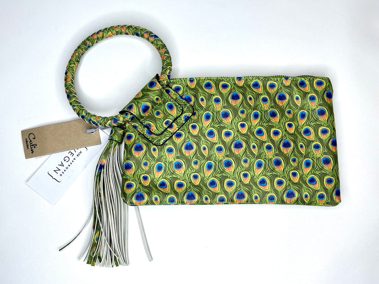 Calin Collection Peacock Clutch Vegan Leather Wristlet Bag Tassel 10″x6″ Purse