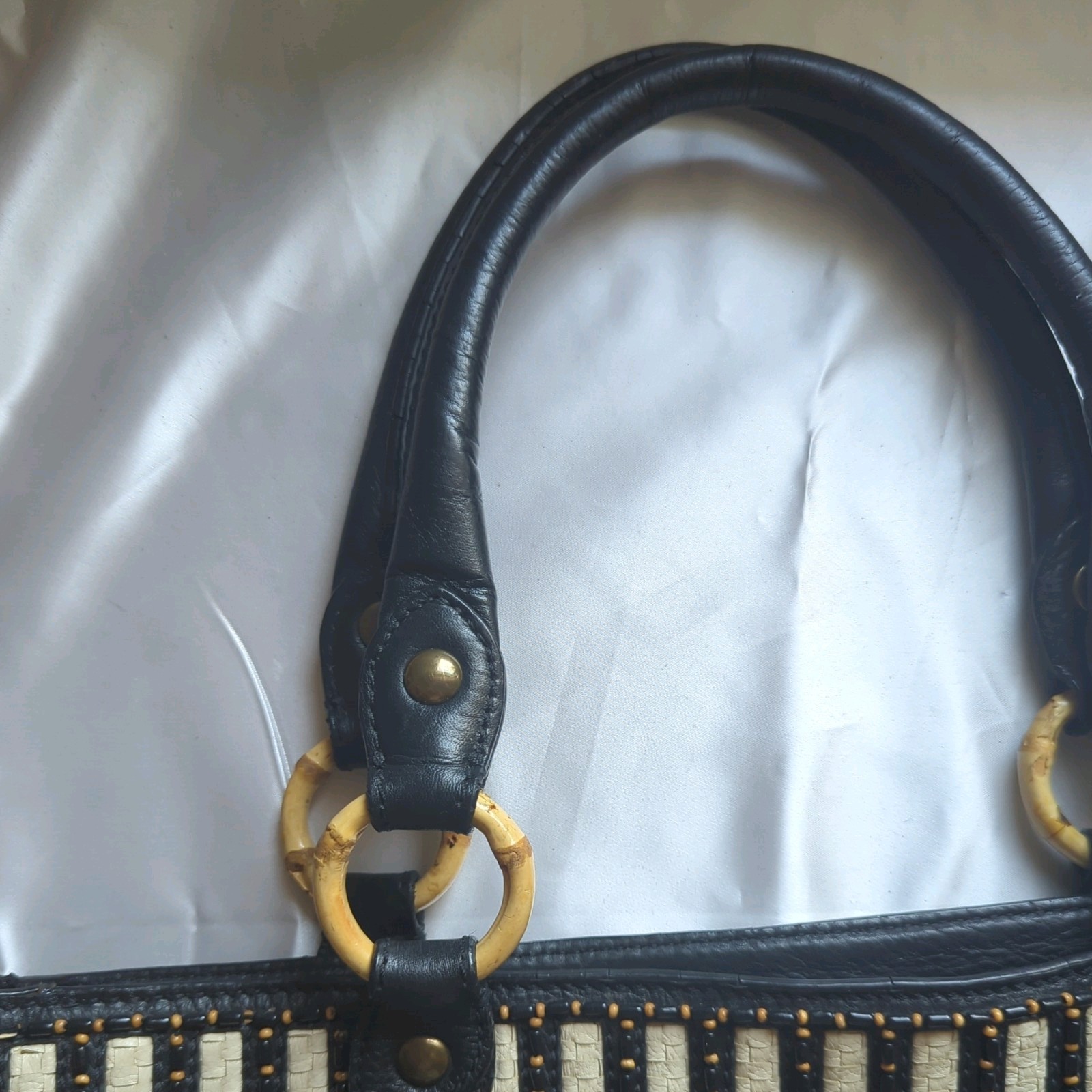 Isabella Fiore Large Black Beaded& Woven Leather Clutch Handbag