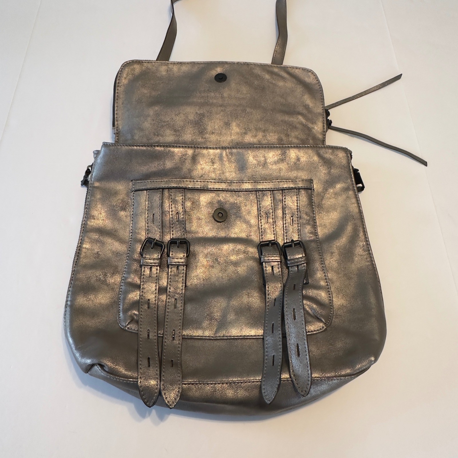 Steve Madden Metallic Silver Convertible Backpack Crossbody Bag Leopard Lining