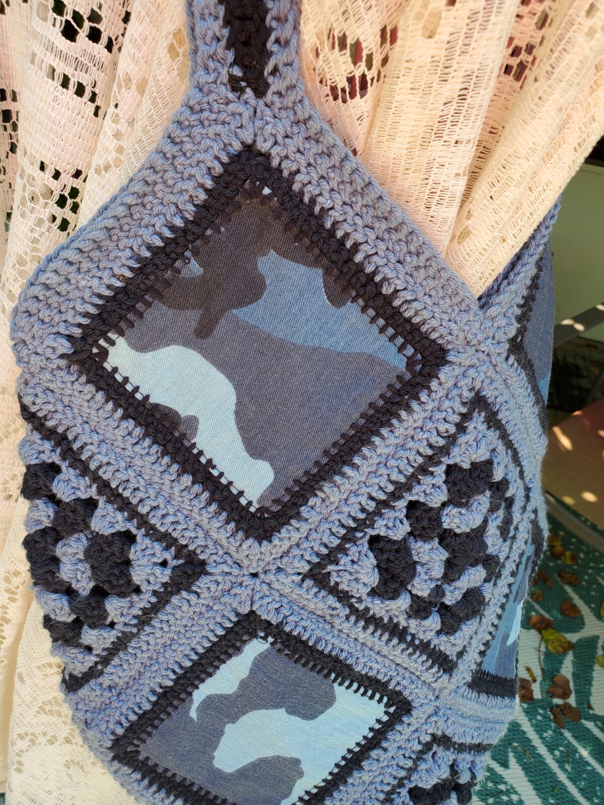 New Large Crochet Camouflage Fabric Yarn Fusion Bag 13 Granny SQ Boho Vintage