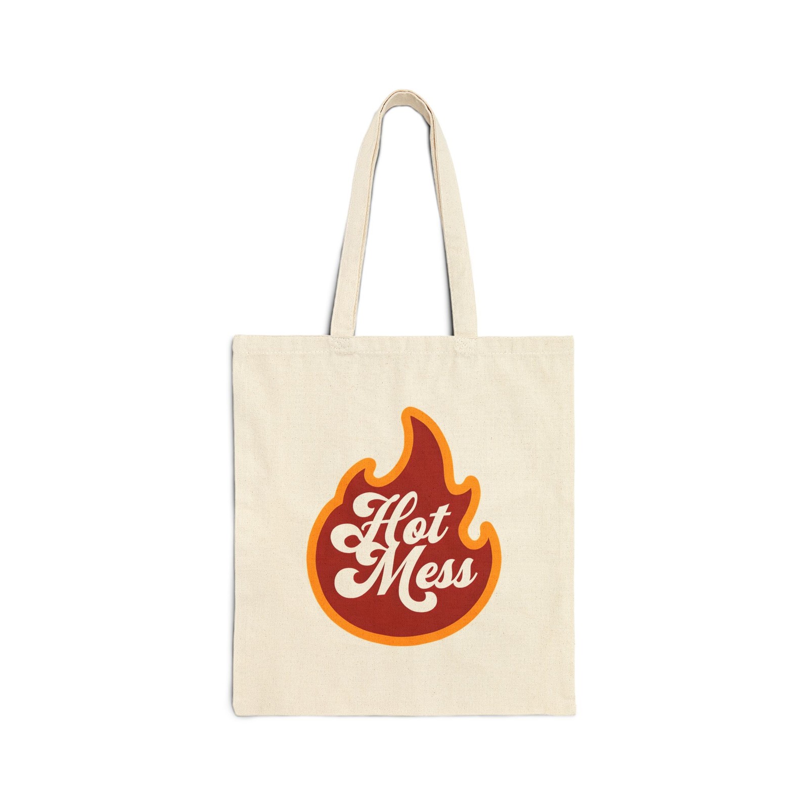Hot Mess flame graphic Tote Bag | retro script, orange red design