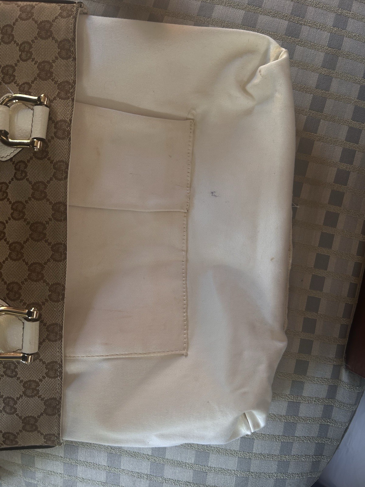 Gucci GG Pattern Satchel Top Handle Bag Beige Brown White Zip Double Handles