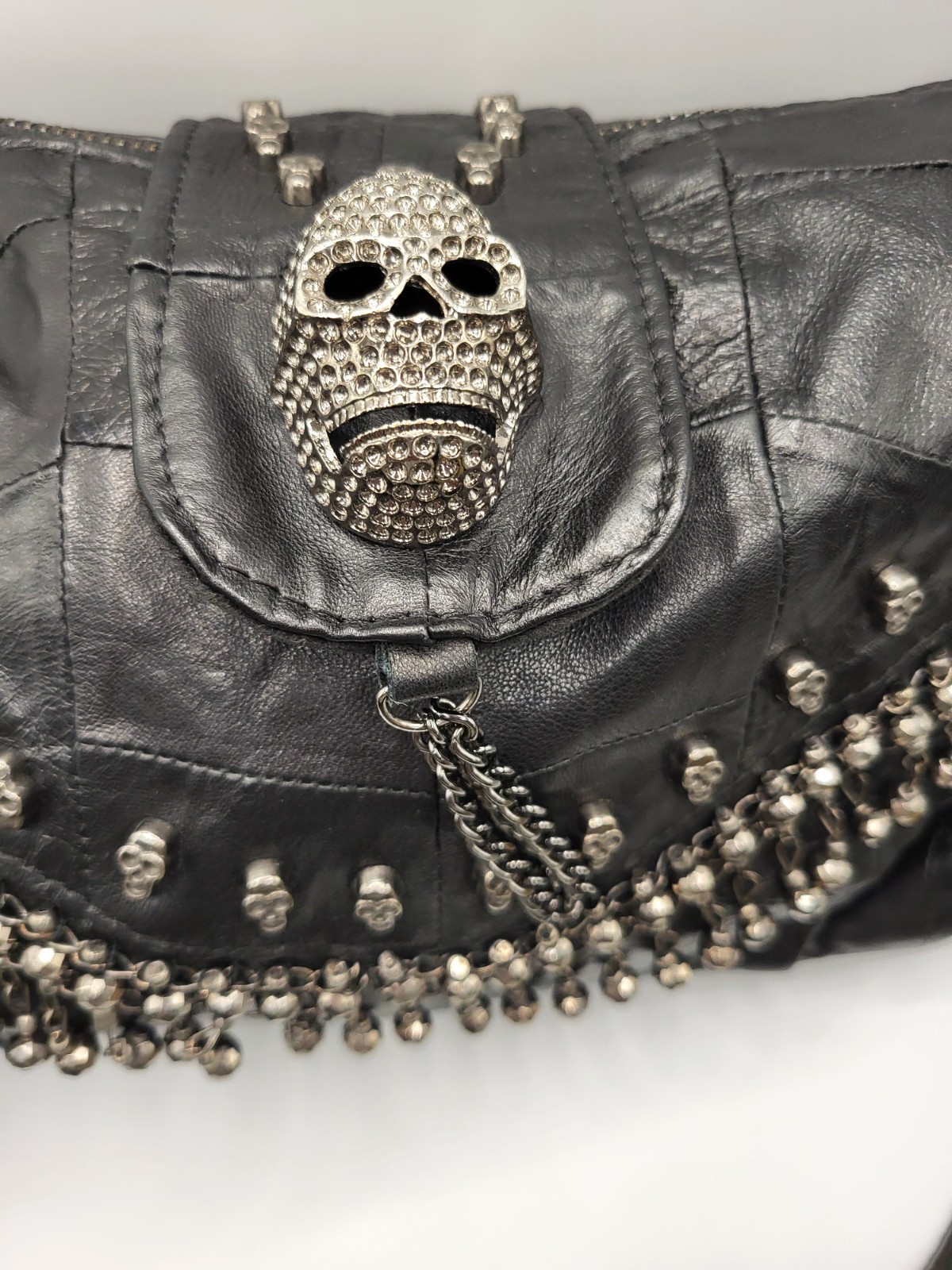 MG Collection Skull Studded Fringe Beads Handbag Punk Gothic Black Leather CLEAN