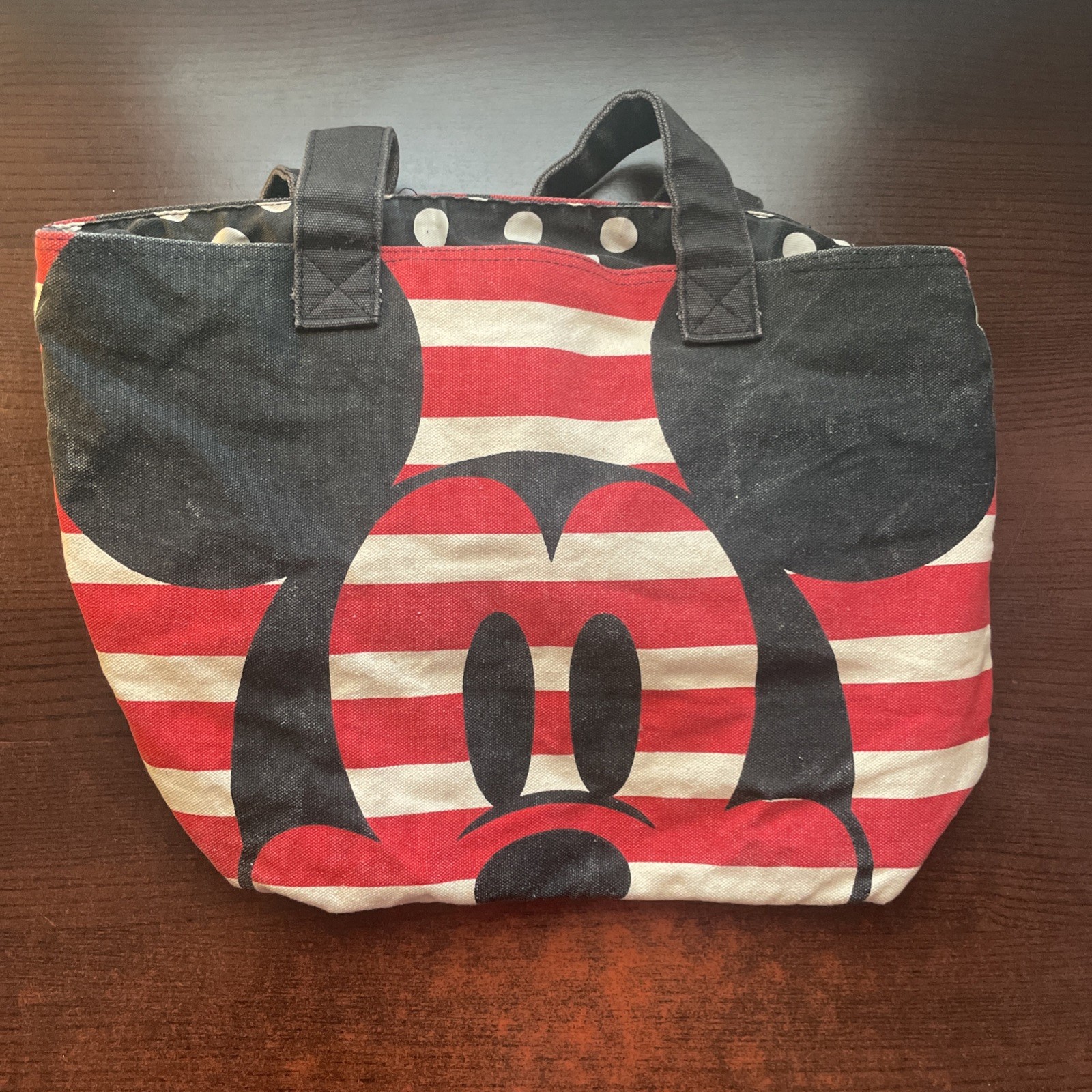 Disney Store “Double Sided” Mickey Minnie Tote Bag Polka Dot Inside W/Zip Pocket