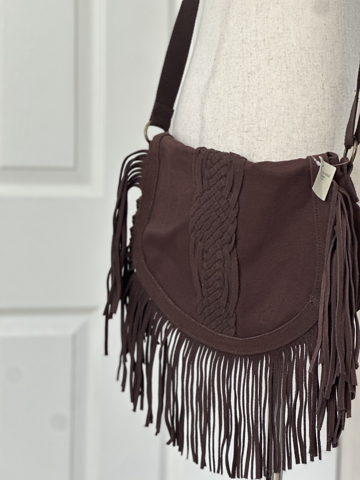 Y2K American Eagle Outfitters 2012 Leather Fringe Crossbody Purse Bag Brown Boho