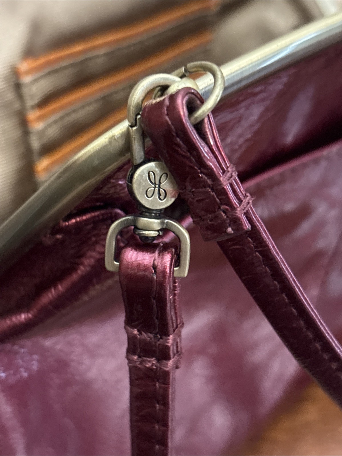 HOBO Lana Convertible Crossbody Bag Metallic Burgundy Leather Kiss Lock Clutch