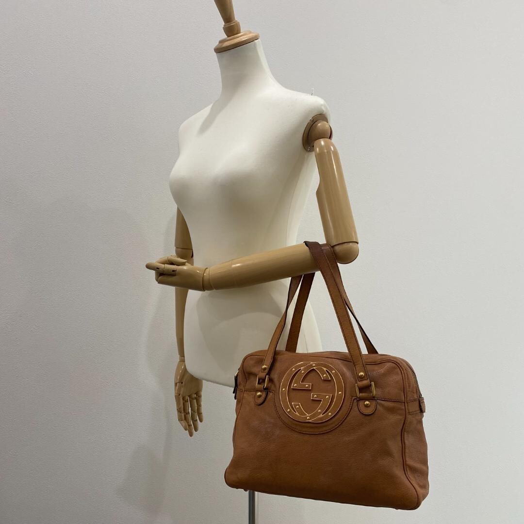 Gucci Blondie Brown Leather Tote Bag Interlocking G Gold Hardware Women