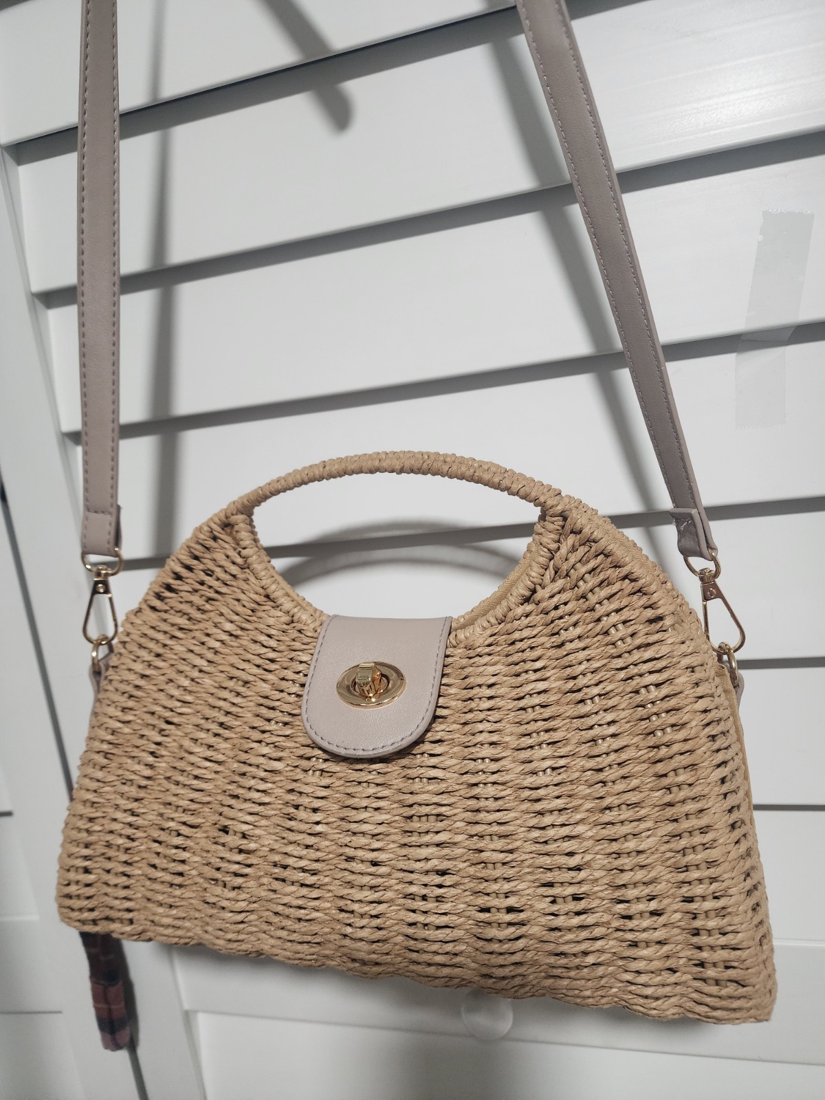 Beige Woven Satchel Top Handle Bag, Turn Lock, Detachable Strap, Gold