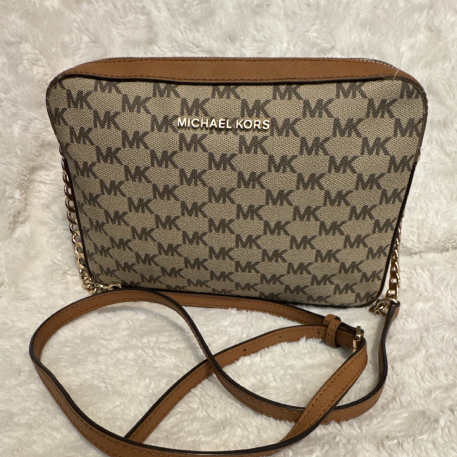 Michael Kors Brown Logo Chain Accent Shoulder Bag Gold Hardware Adjustable Women
