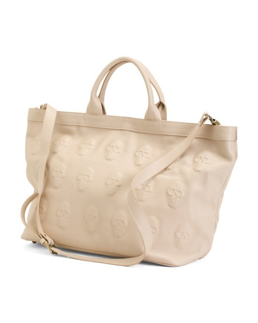 NWT IO PELLE Iopelle Italia Skull Embossed Extra Large Shoulder Tote Bag Latte