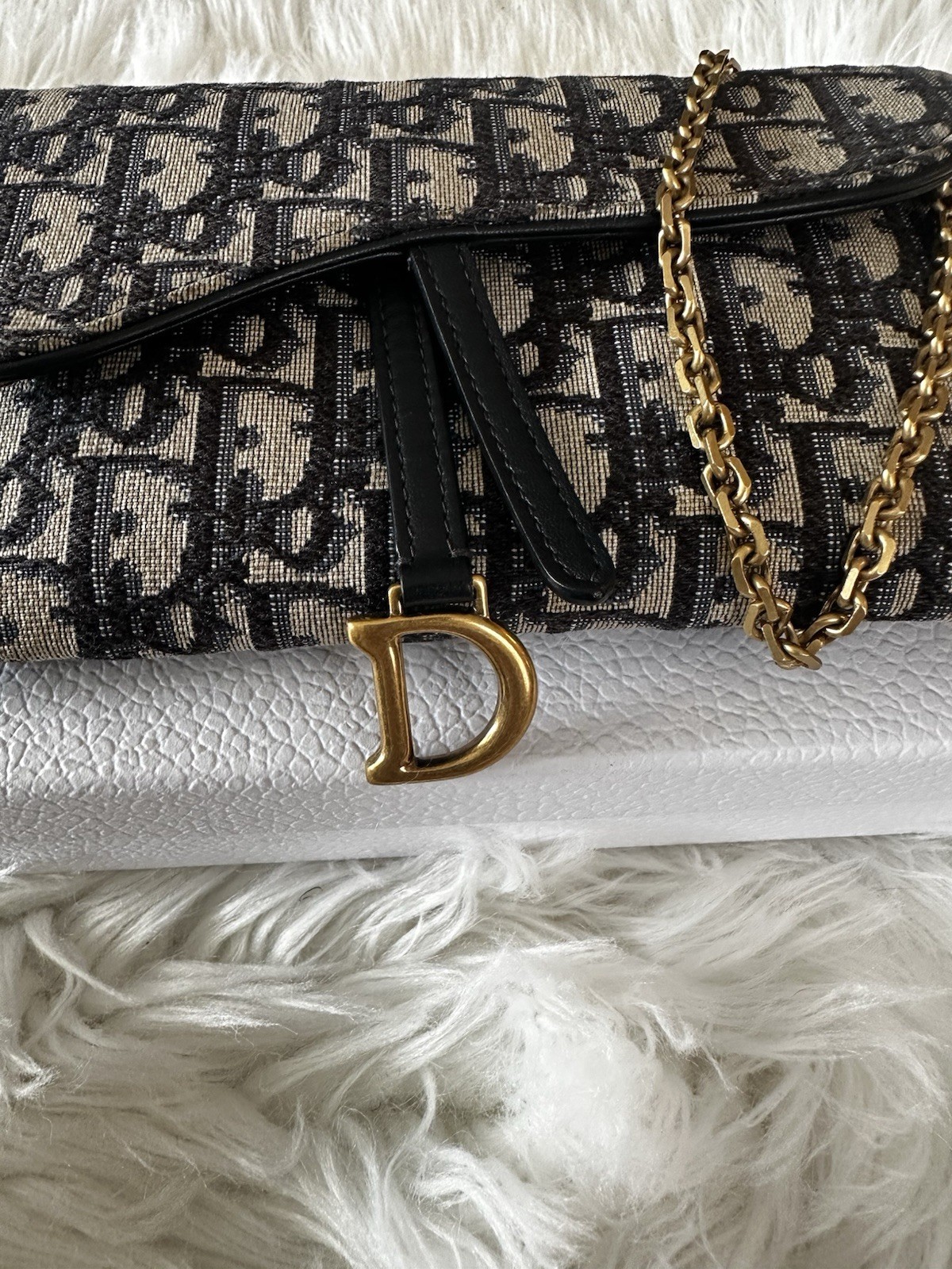Dior Small Saddle Pouch with Chain Blue Dior Oblique Jacquard