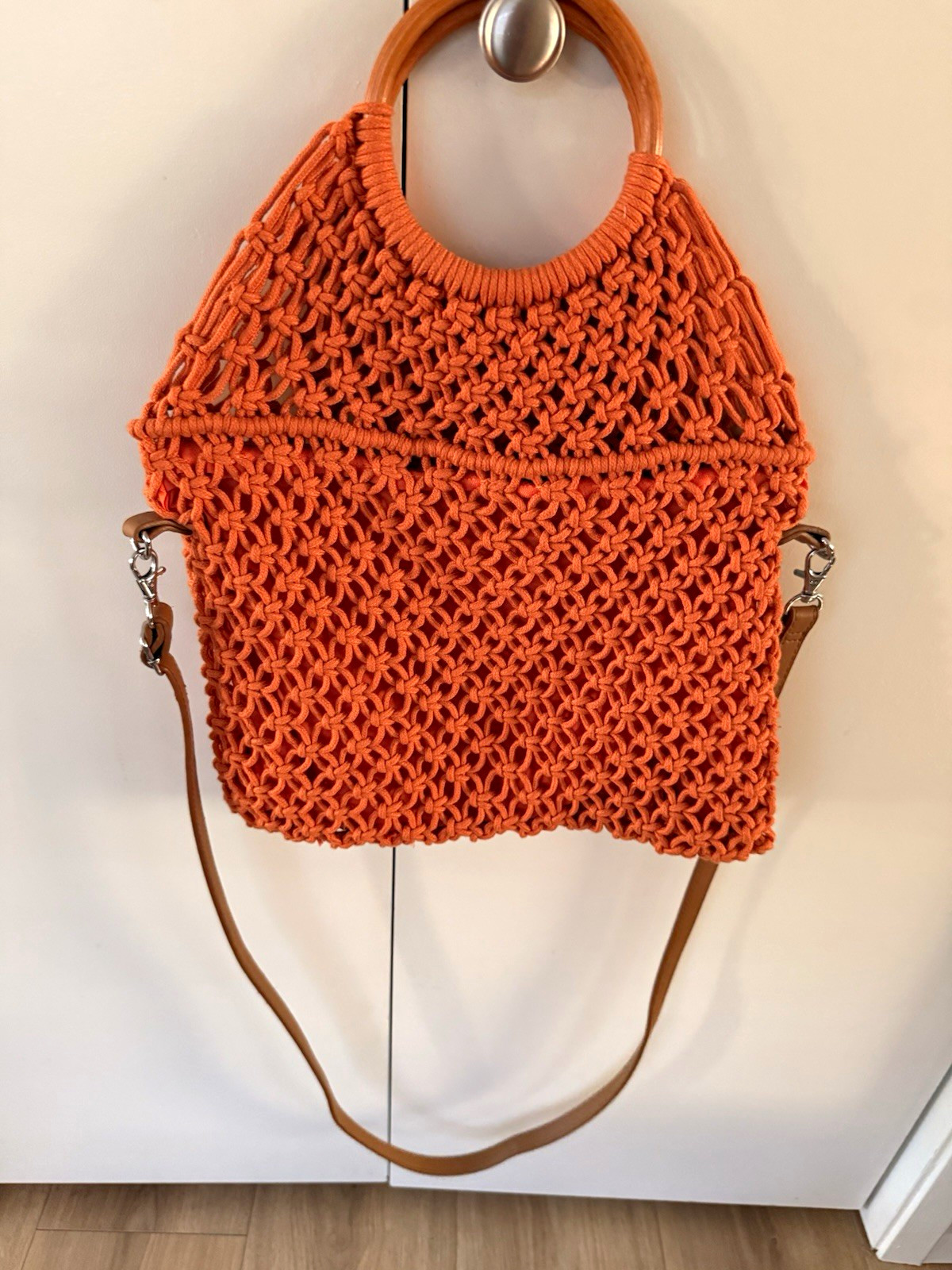 Orange Crochet Knit Top Handle Bag, Wood Handles, Zip Closure, Lined, Strap