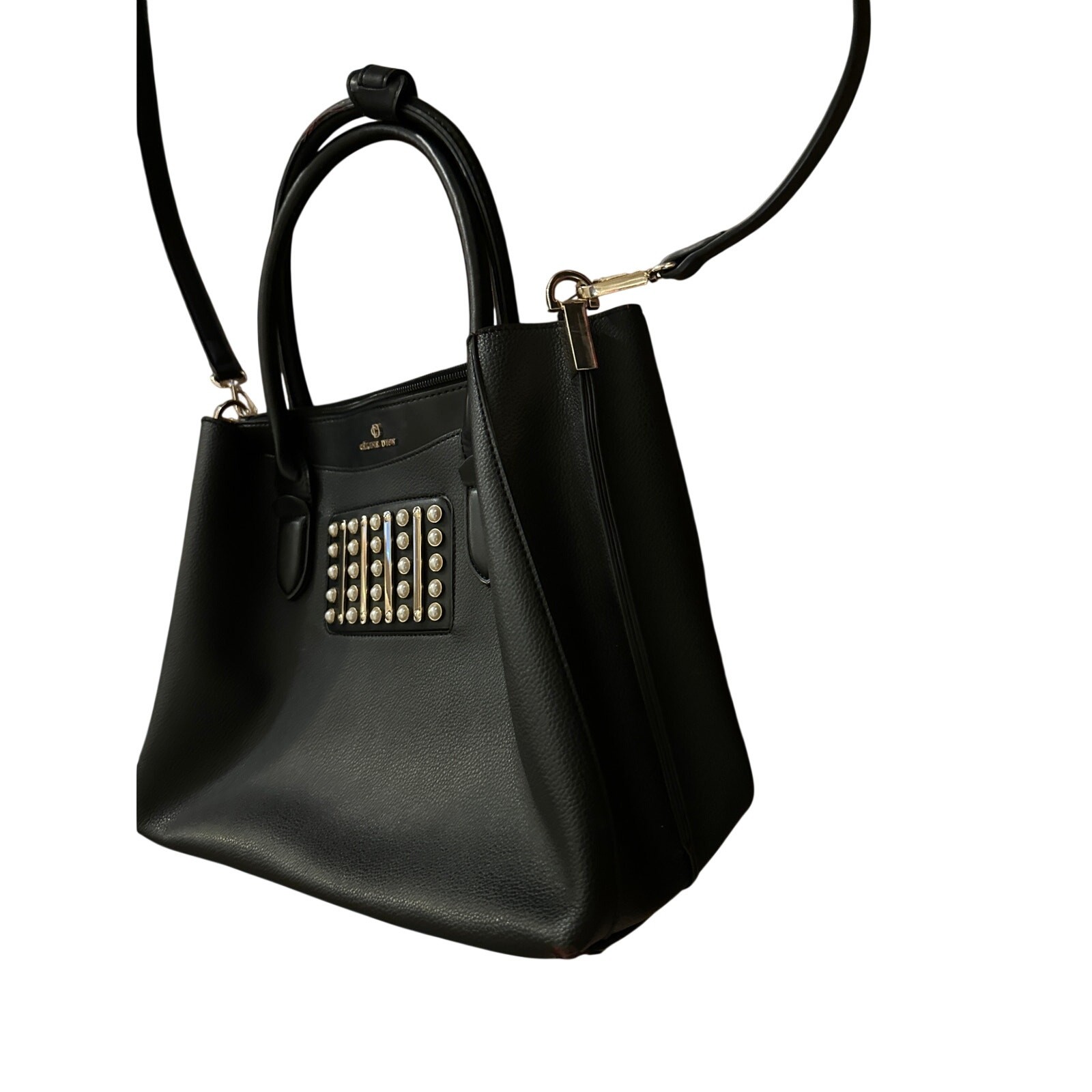 Celine Dion Maestro Black Leather Purse Shoulder Bag Crossbody Pearl Gold