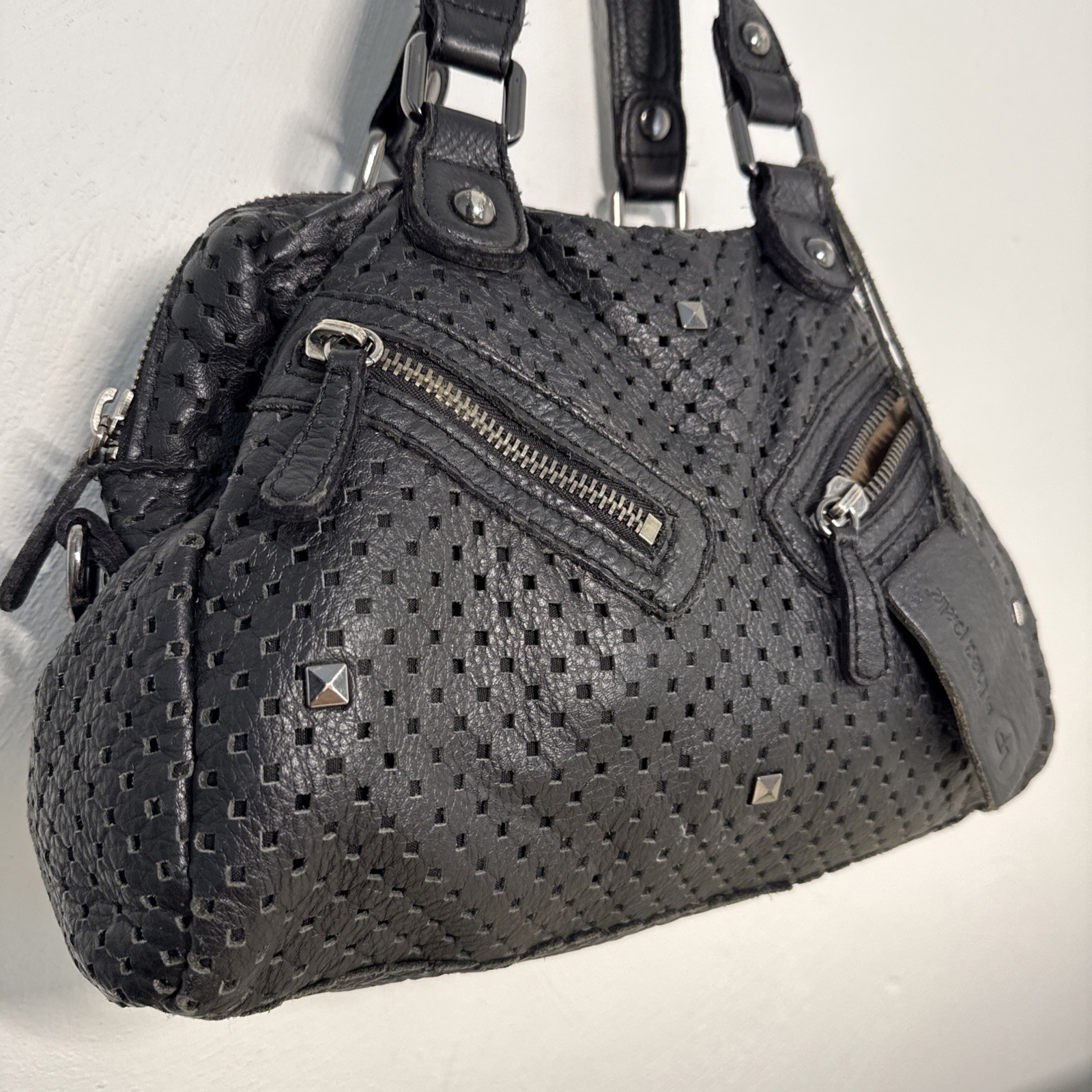 lp by linea pelle Black Carved Soft Leather Satchel Handmade Sz M Bag Boho Vtg