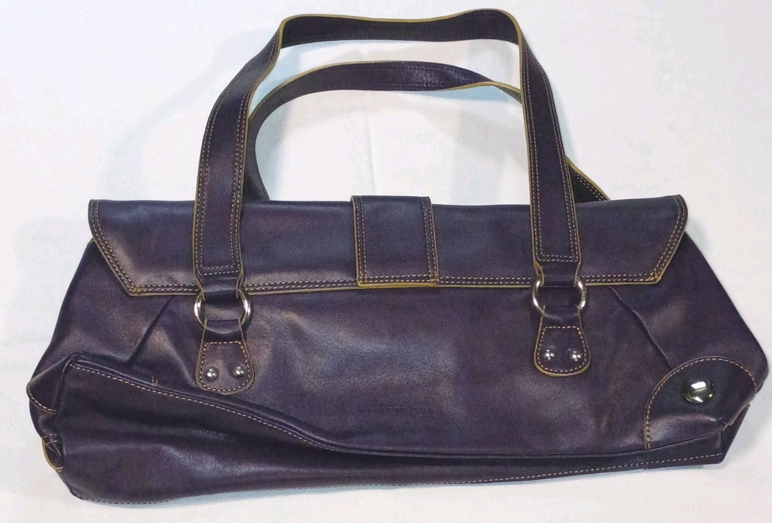 Kenneth Cole Plum Logo Satchel Top Handle Buckle Zip Silver Hardware Pockets