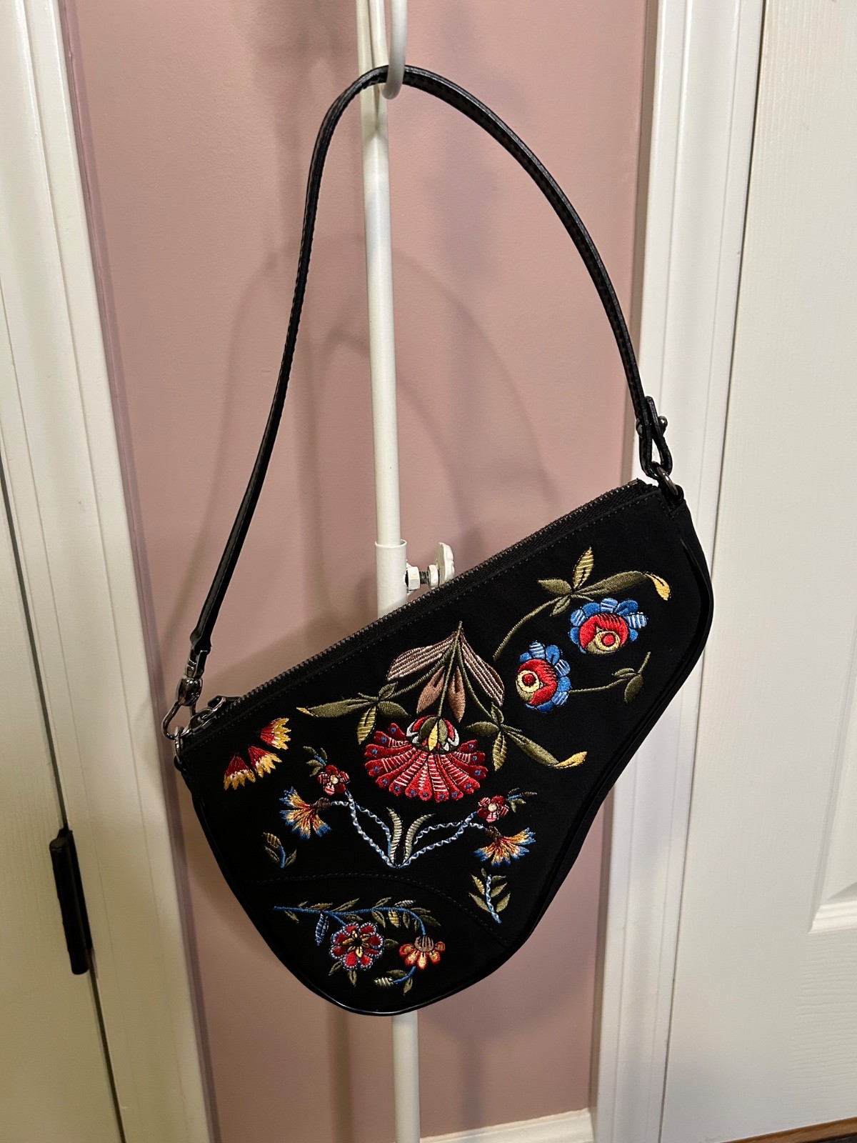 Authentic CHRISTIAN DIOR Saddle Bag with Embroidered Flowers Design
