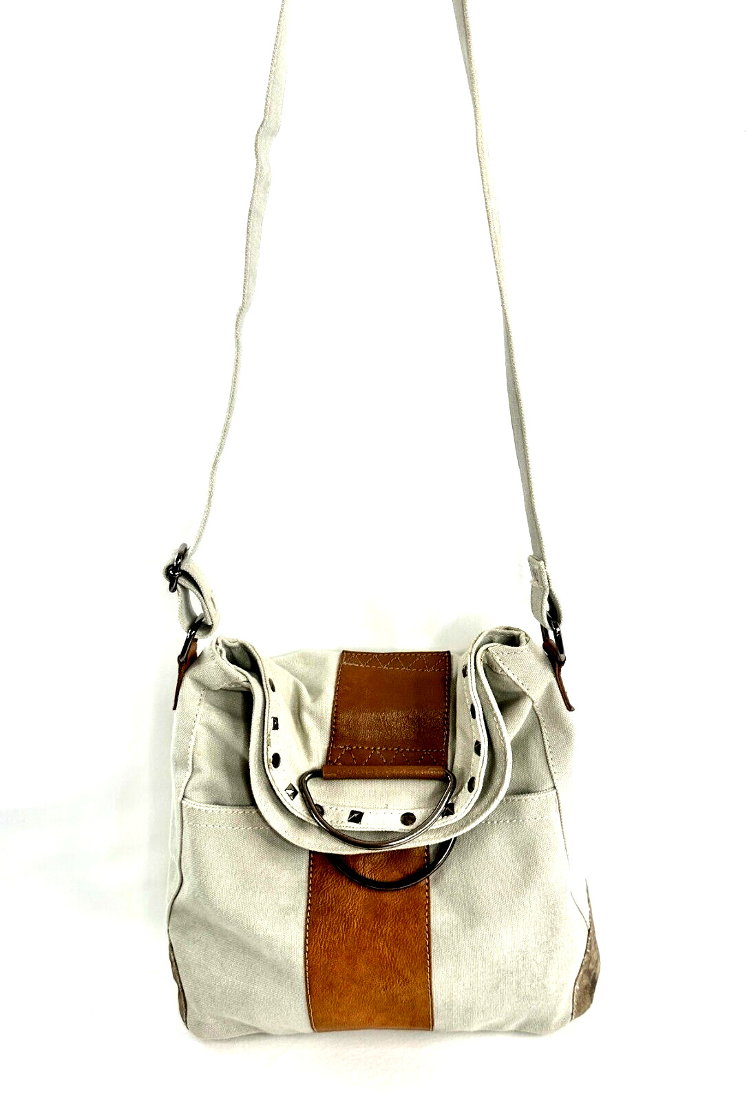Mona B Oatmeal Beige Canvas Small Fold Over Shoulder Bag Purse Brown Leather