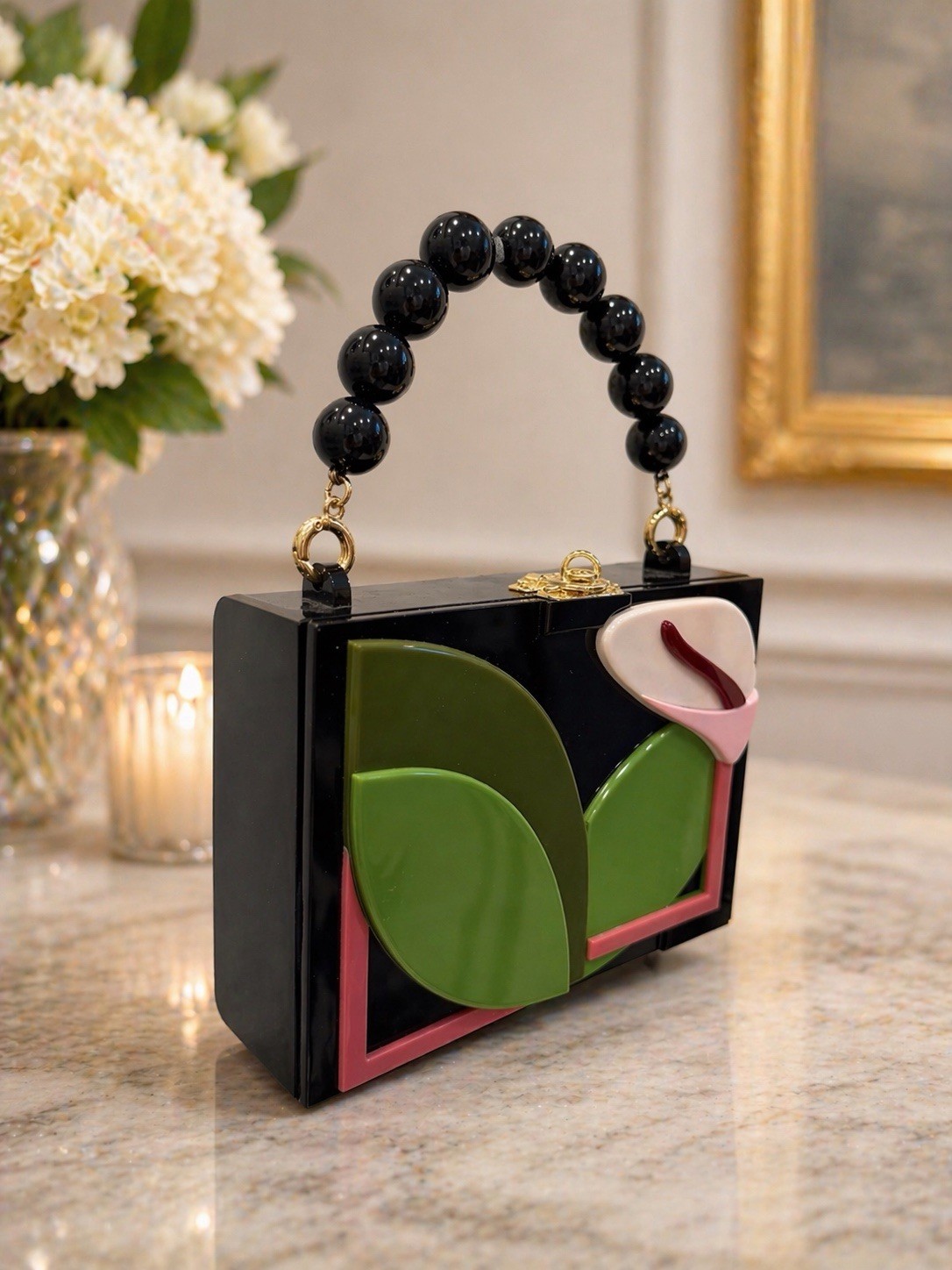Gissa Bicalho Sculptural Acrylic, Art Deco Bloom Statement Handbag
