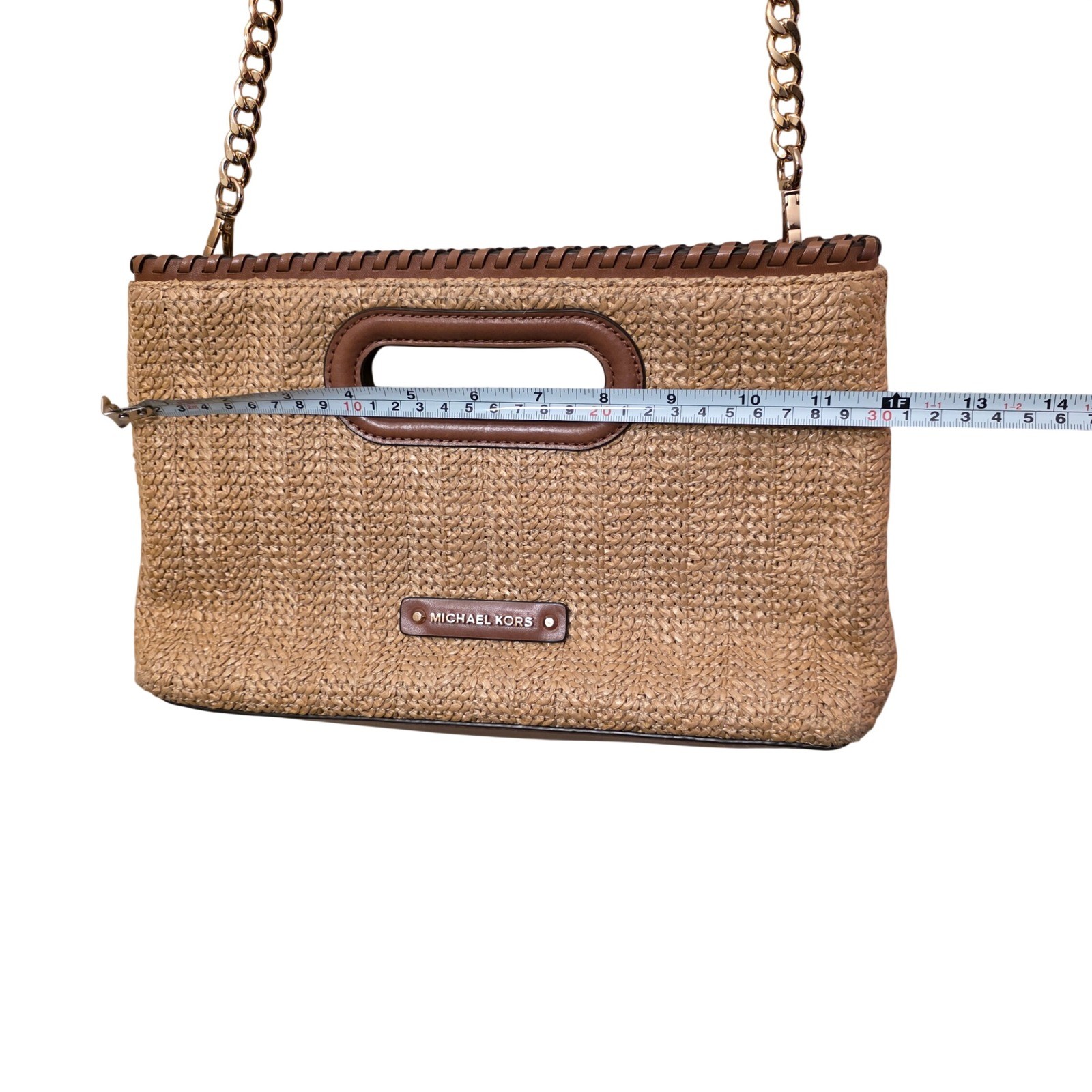 Michael Kors Woven Straw Crossbody Bag Brown Leather Trim Gold Chain Clutch