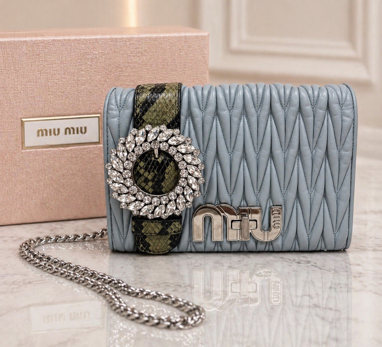 Authentic Miu Miu Matelassé Crystal Buckle Shoulder Bag Blue Leather Chain Strap