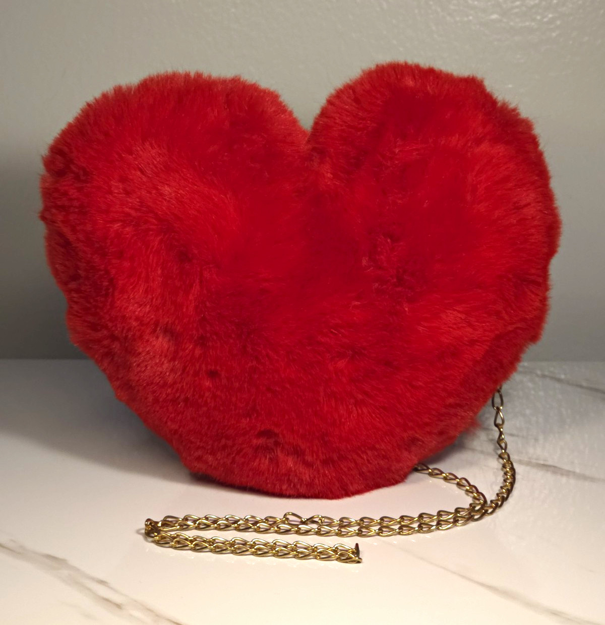 Fuzzy Red Heart Shaped Small Shoulder Bag with Gold Chain Strap/ Zip Closure