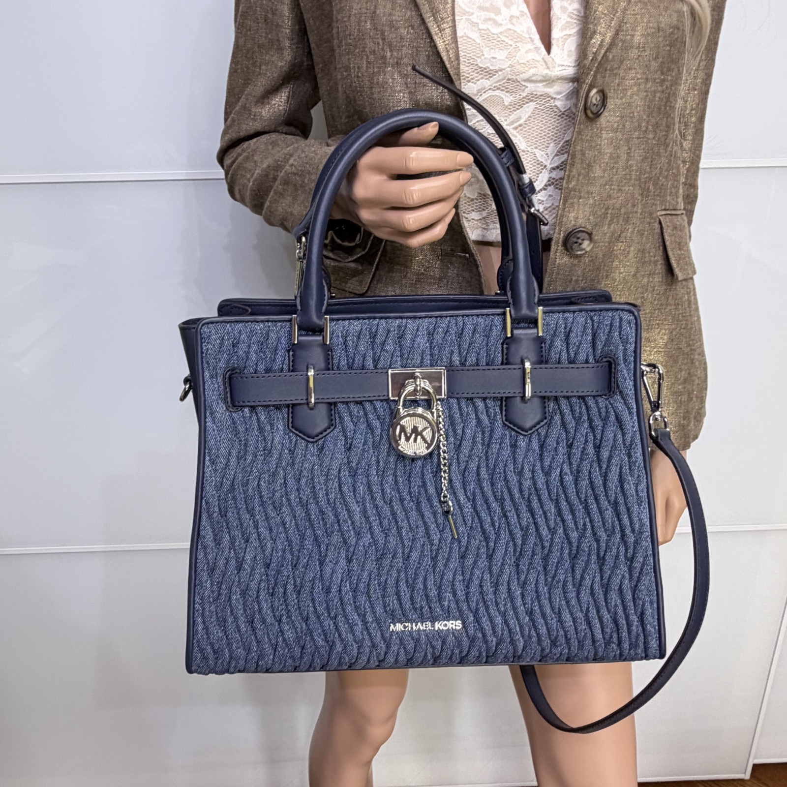 Michael Kors Set Hamilton MD Matelassé Denim Satchel Bag Denim Blue + Wallet