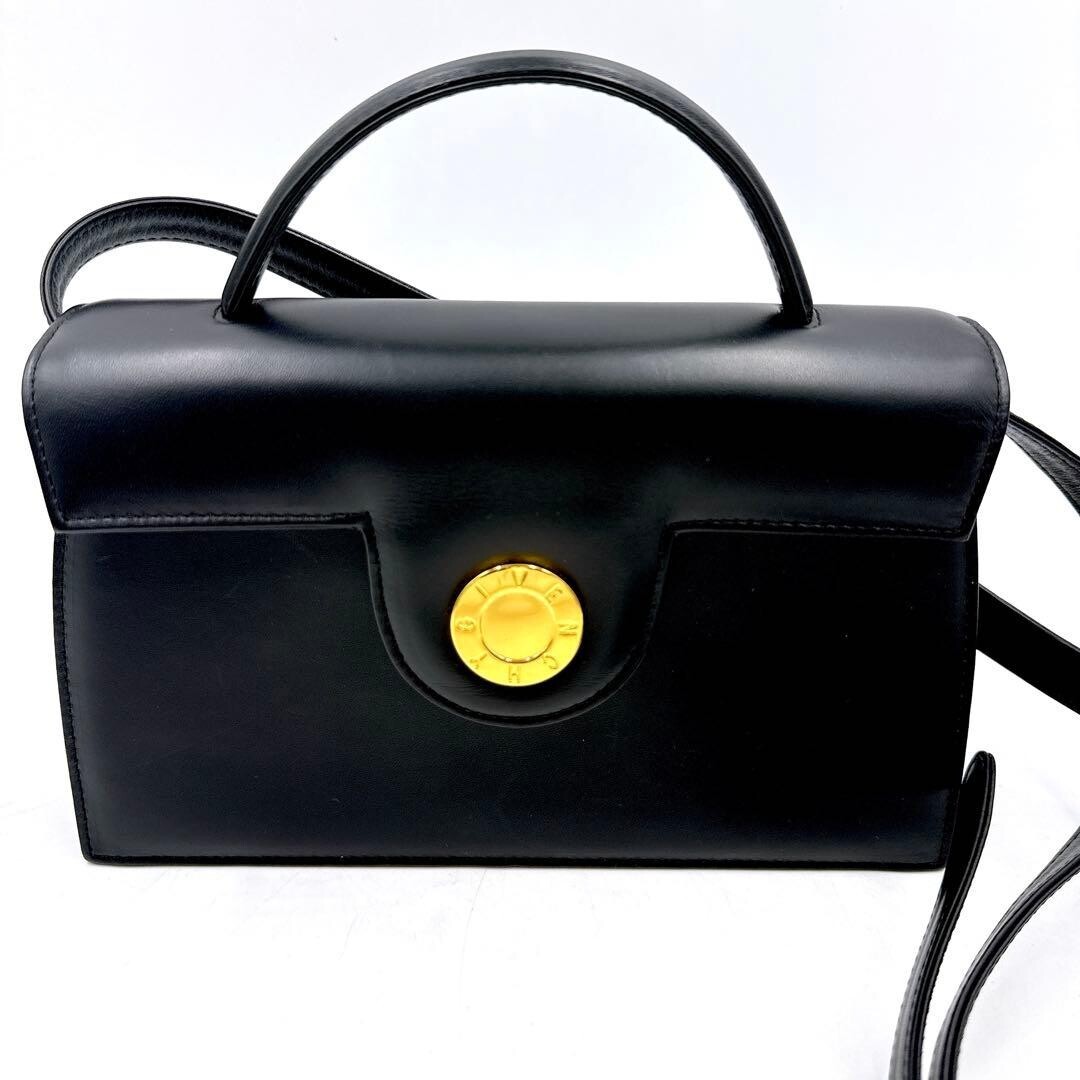 Givenchy Black Leather 2Way Formal Handbag Shoulder Bag Gold Women
