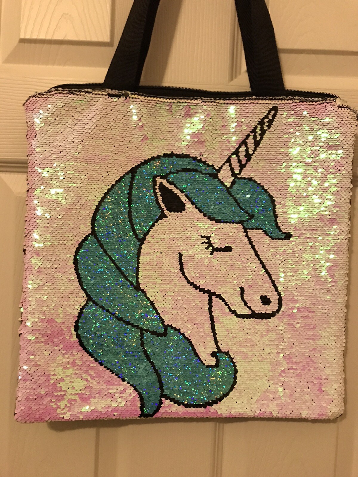 Pink Green Iridescent Unicorn Magic Sequin Tote Bag 14 1/2 x 15″ Black Back