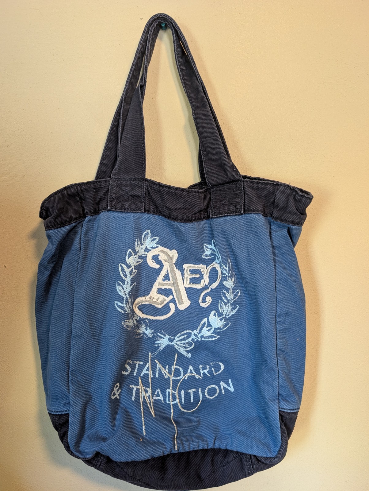 American Eagle Standard & Tradition Blue Distressed Logo AE Shoulder Tote Bag