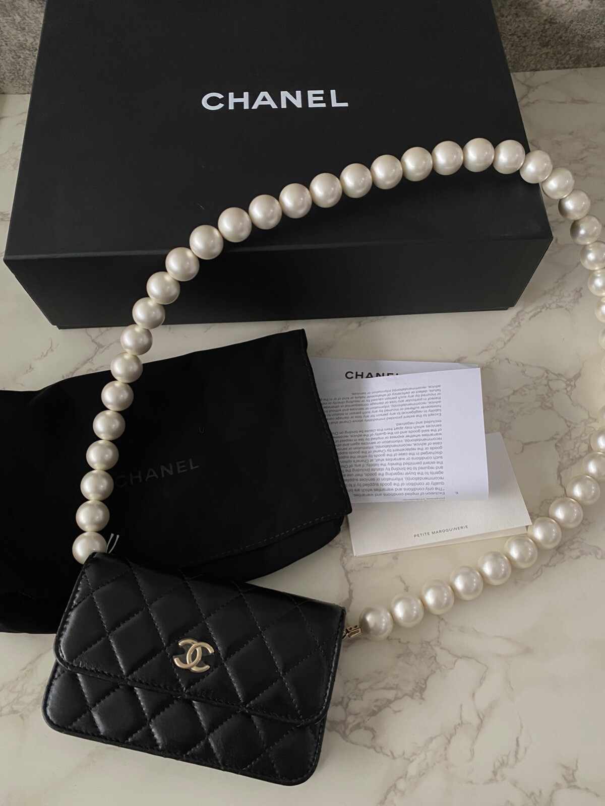 NEW IN BOX CHANEL GIANT PEARL CHAIN MINI BAG BAMBAG CALFSKIN BLACK LGHW HANDBAG