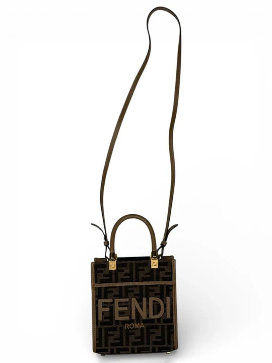 Authentic Fendi Roma Mini Zucca Canvas Shopper Bag Brown Leather Crossbody Mini