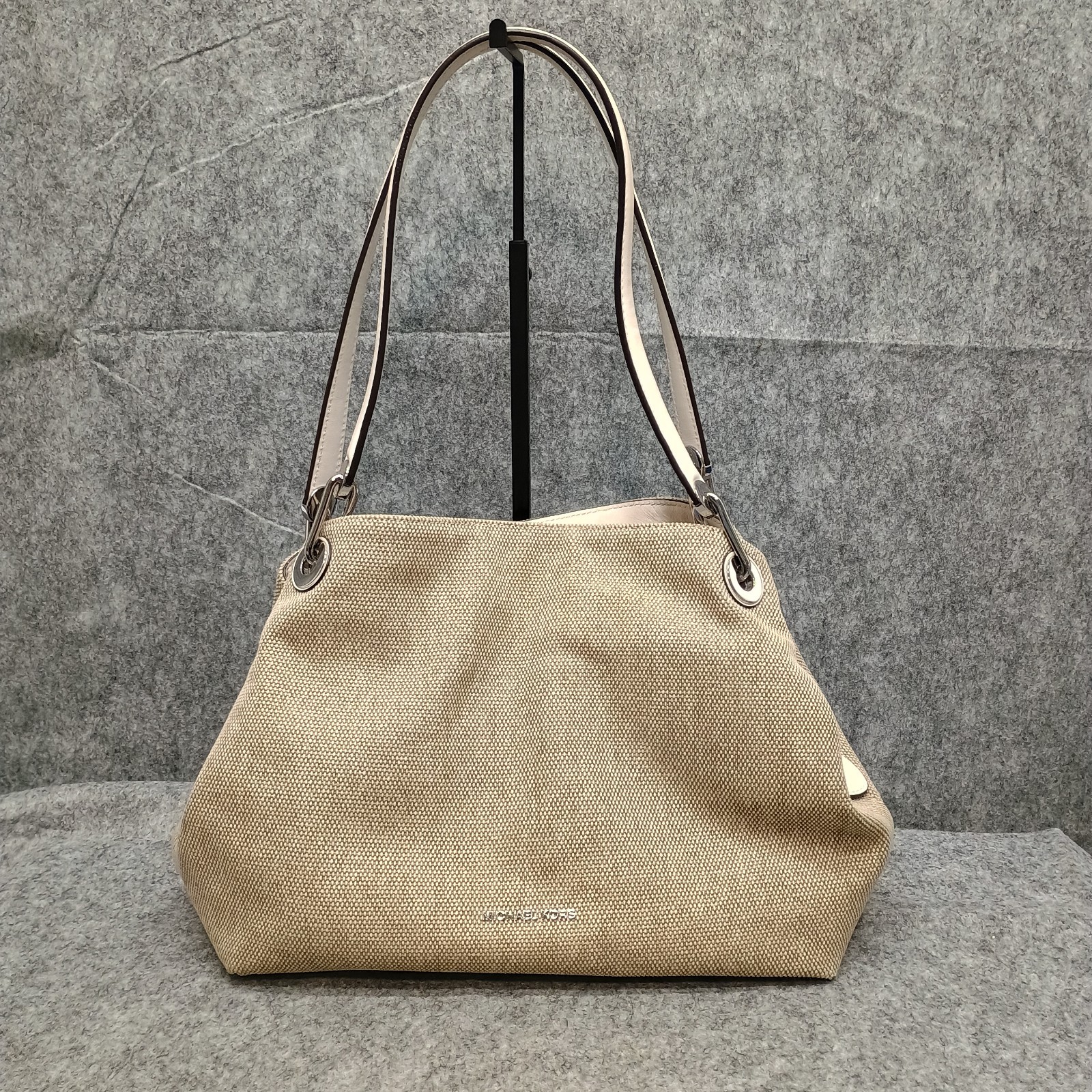 Michael Kors Raven Beige White Trim Fabric Shoulder Bag Double Strap