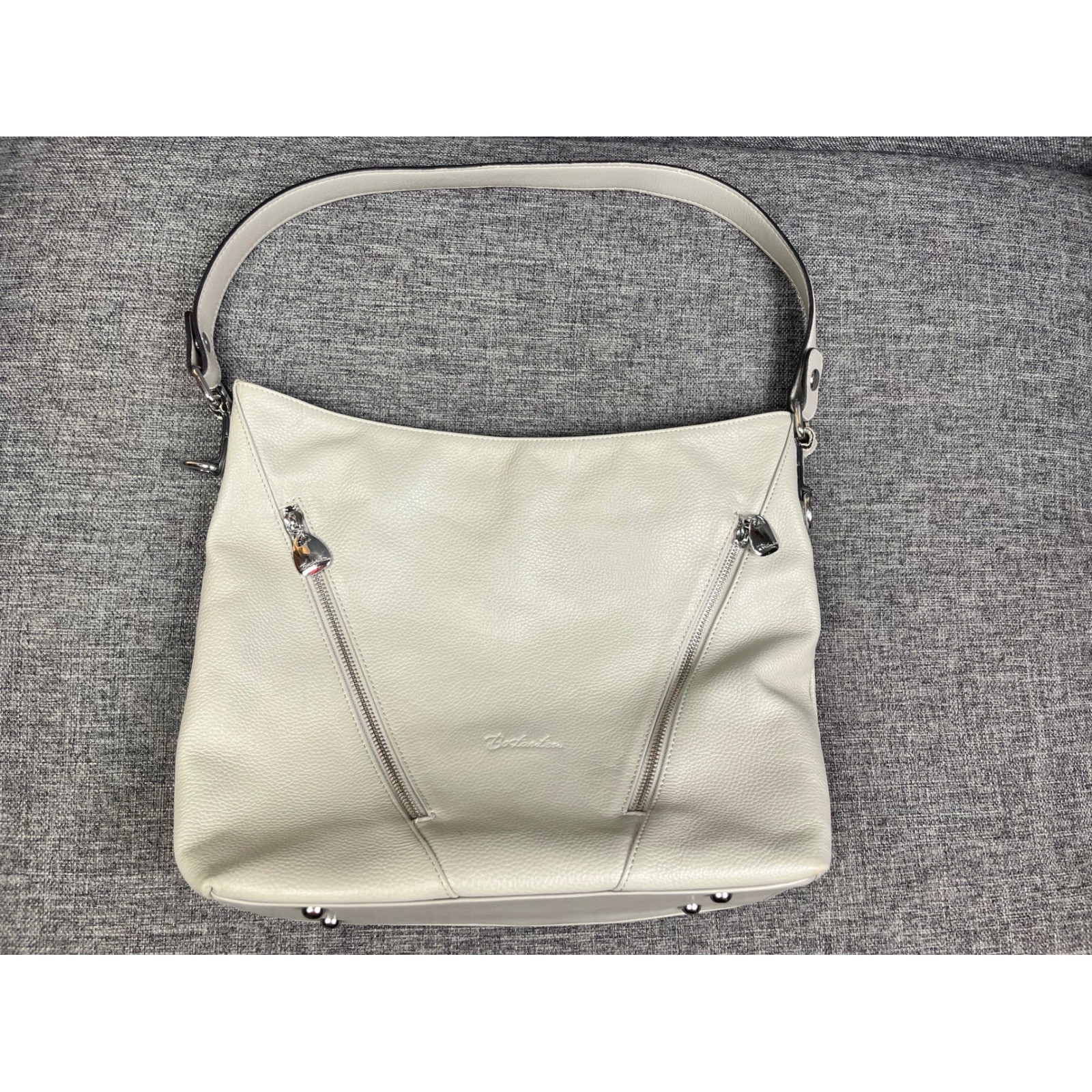 Bostanten Light Gray Pebbled Leather Shoulder Bag Hobo Handbag Multi Pocket Zip