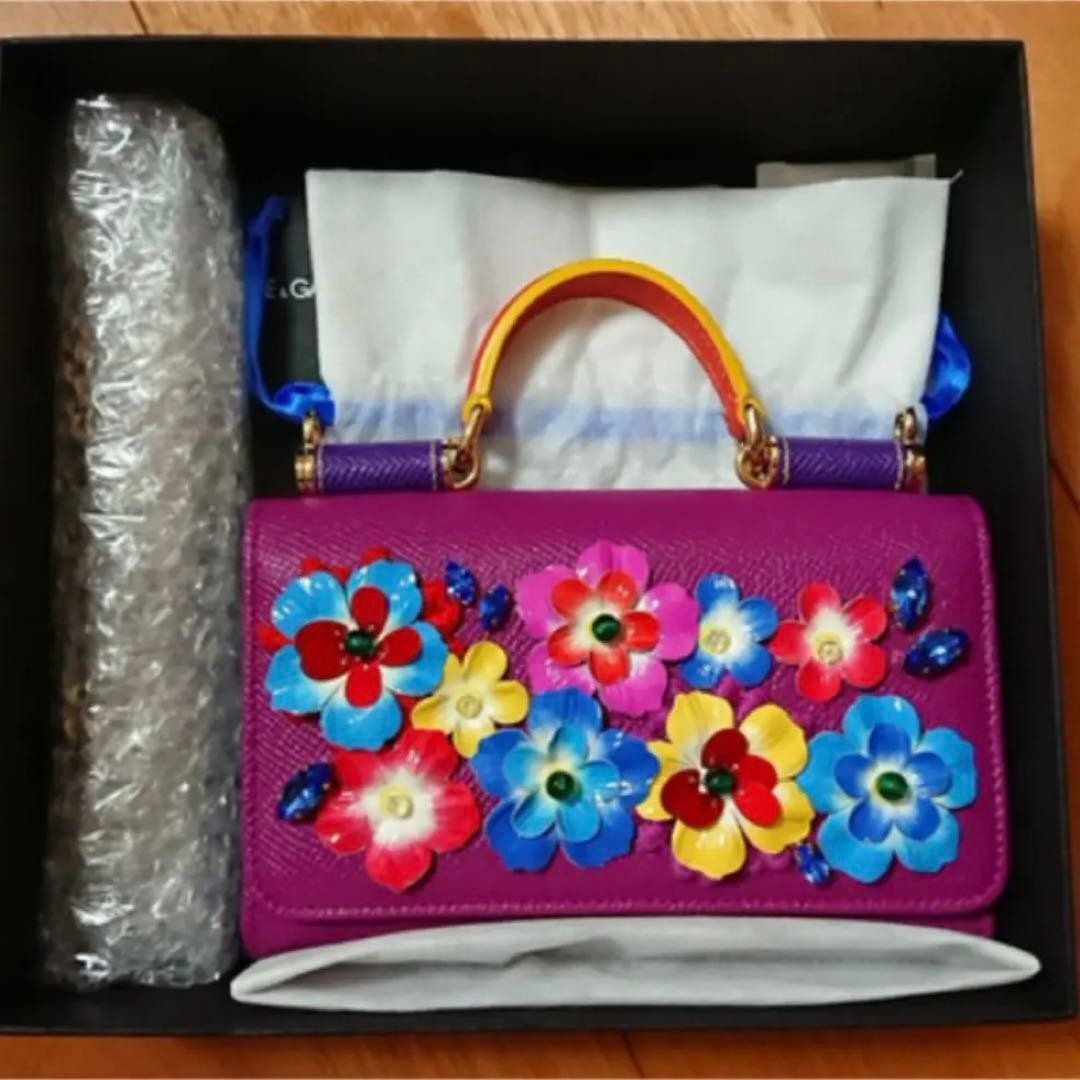 Dolce Gabbana Sicily Calfskin Phone Bag Purple Floral Swarovski Light Gold
