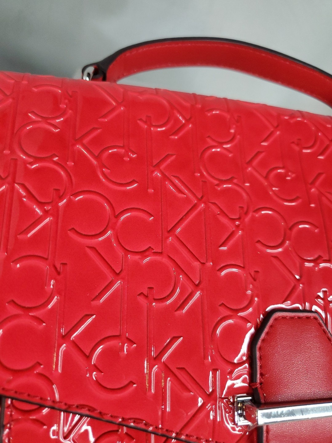 Calvin Klein Red Patent Leather Crossbody Bag Purse Embossed Logo Chain Strap