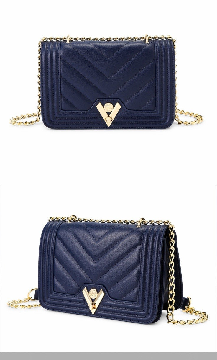 Valentino Orlandi Blue Quilted Chevron Shoulder Bag Gold Chain Strap Clasp