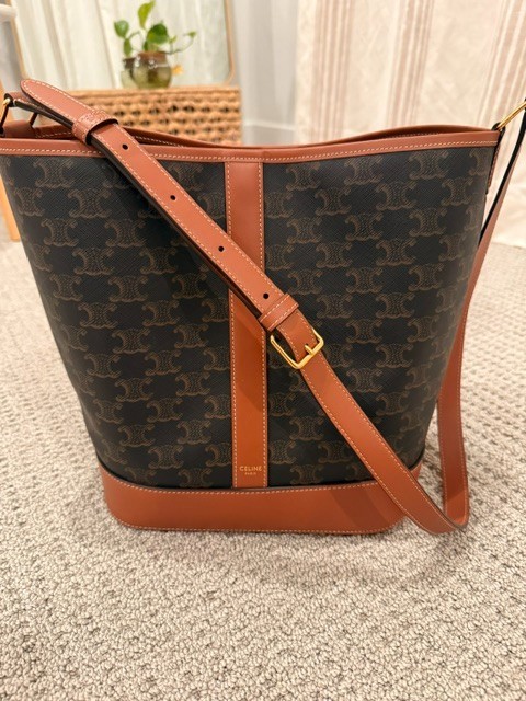 Authentic Celine Triomphe Canvas Calfskin Medium Bucket Bag Tan Dust Bag & Cert