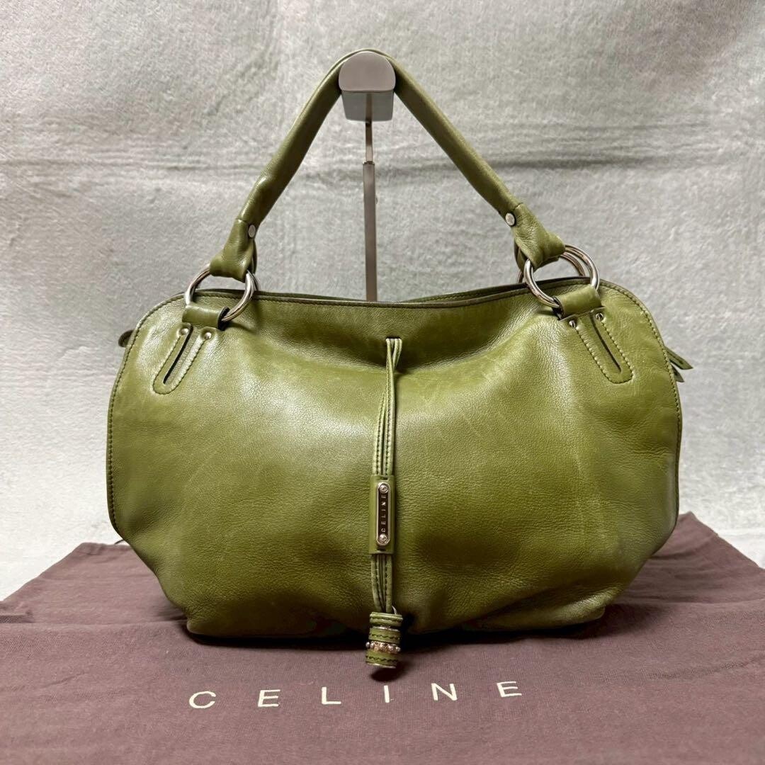 CELINE Handbag Leather Olive Green Vintage Authentic From Japan