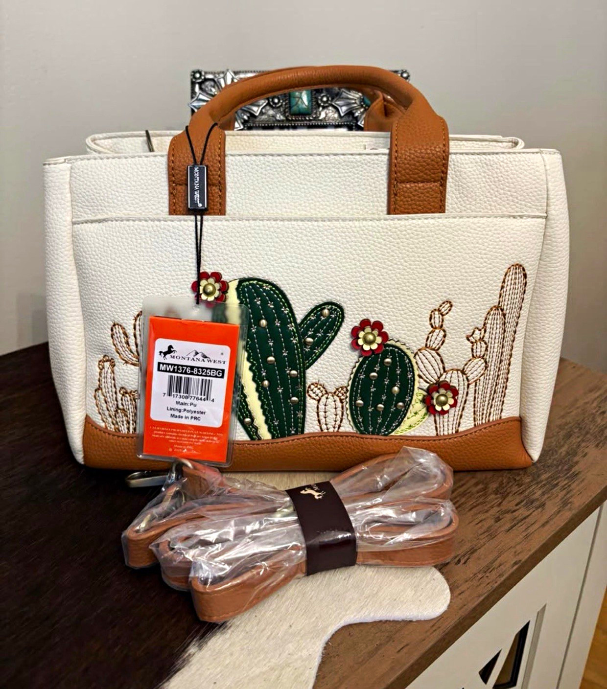 Montana West Cactus Embroidered Beaded Satchel Top Handle Zip Strap White/Brown