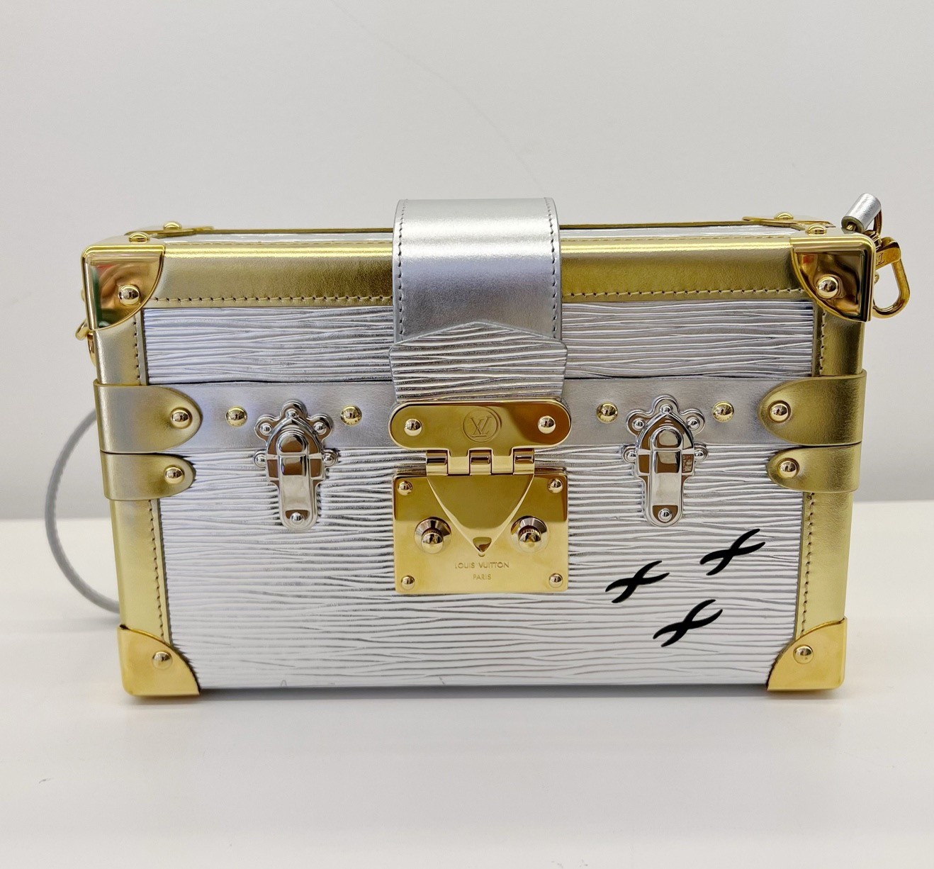 Louis Vuitton Petite Malle Silver Epi Leather Box Bag Gold HW Crossbody