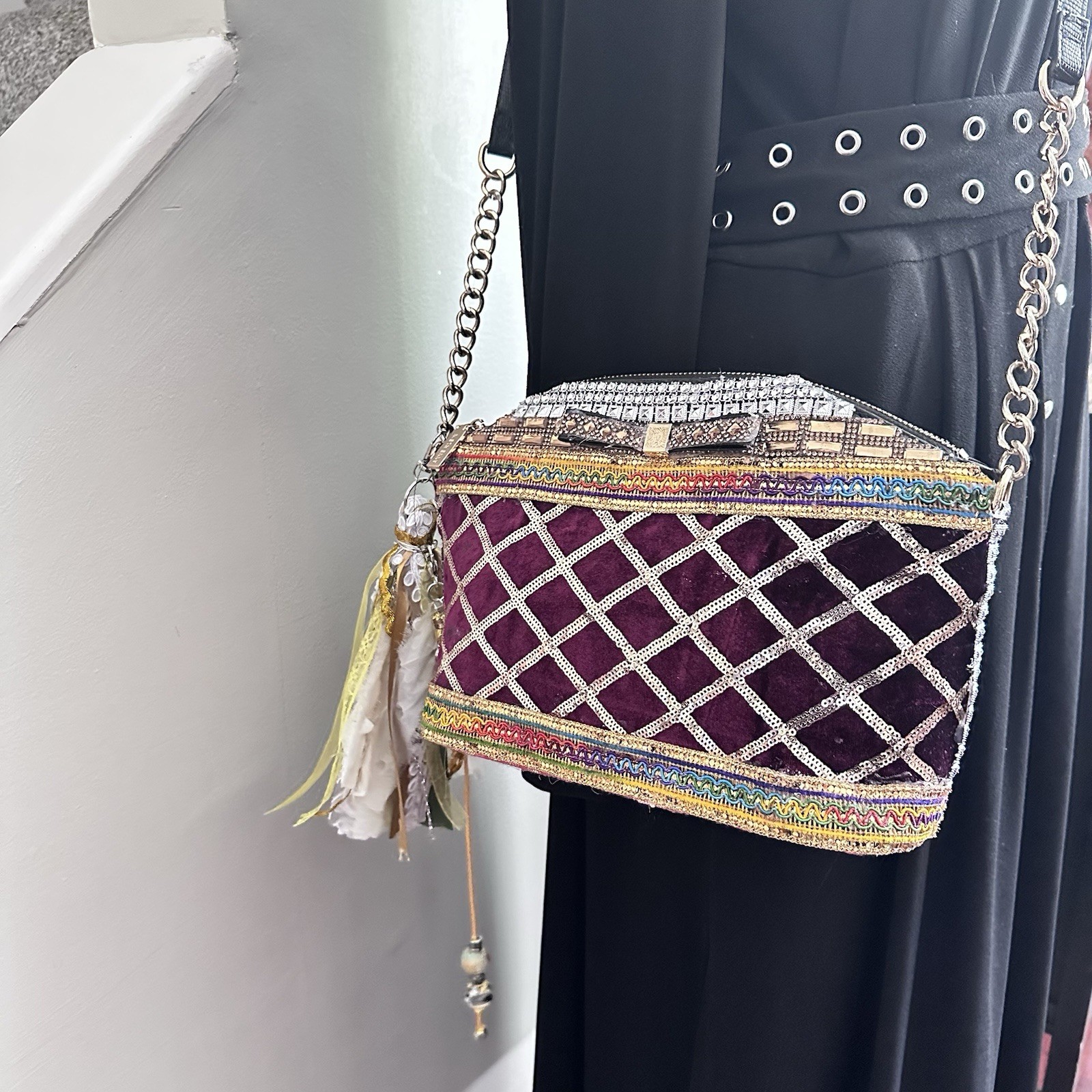 BOHO BAG Sequin Gem Embellished UPCYCLED CROSSBODY With Fringe Beaded Tassel