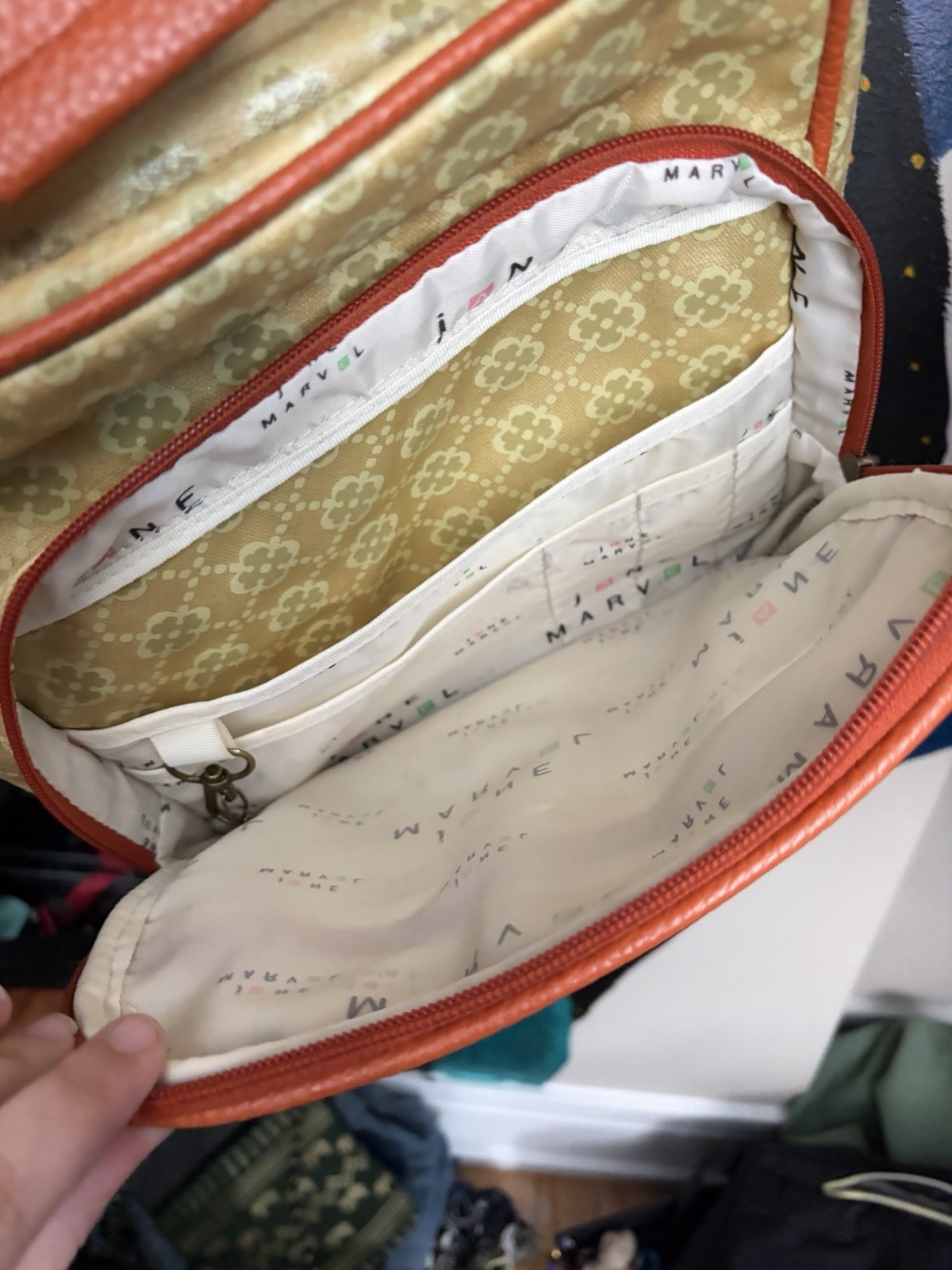 Jane Marvel Small Beige Floral Crossbody Bag Orange Trim Zip, Adjustable Strap